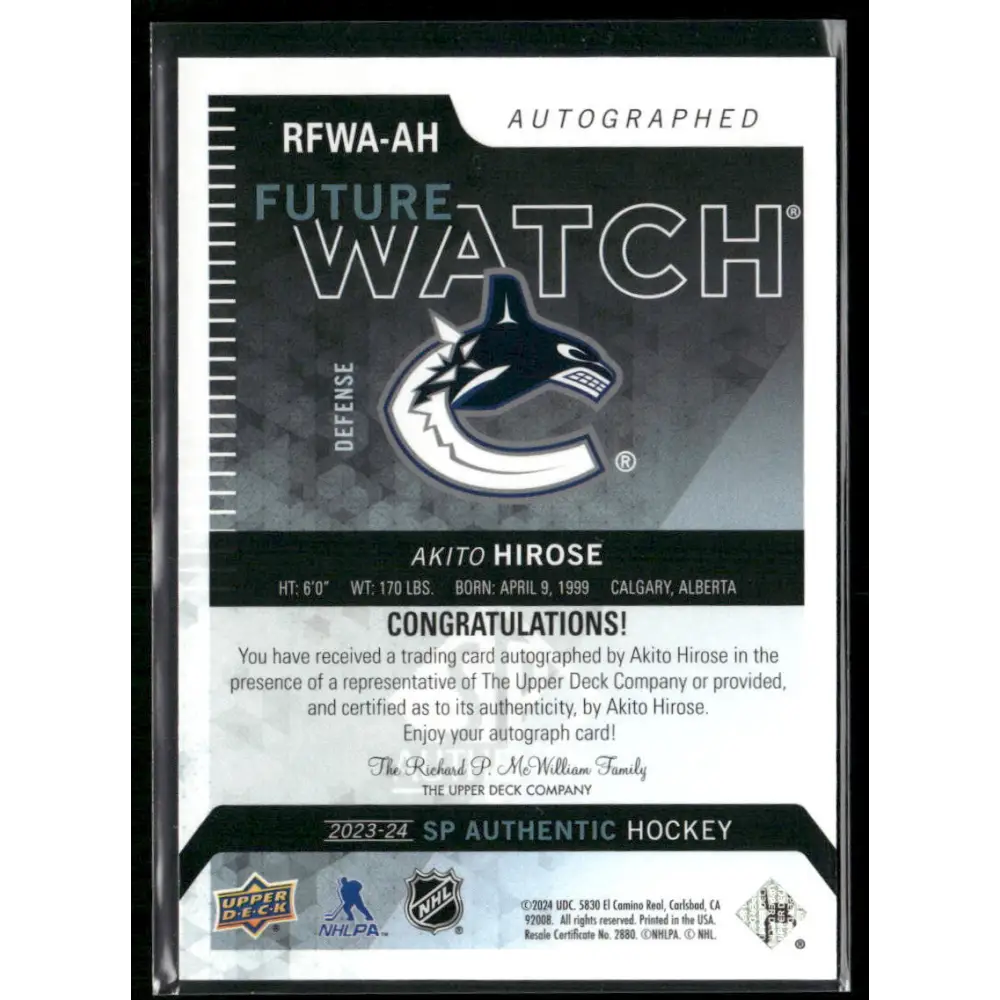 2023-24 SP Authentic Akito Hirose 2013-14 Retro Auto Future Watch #/699