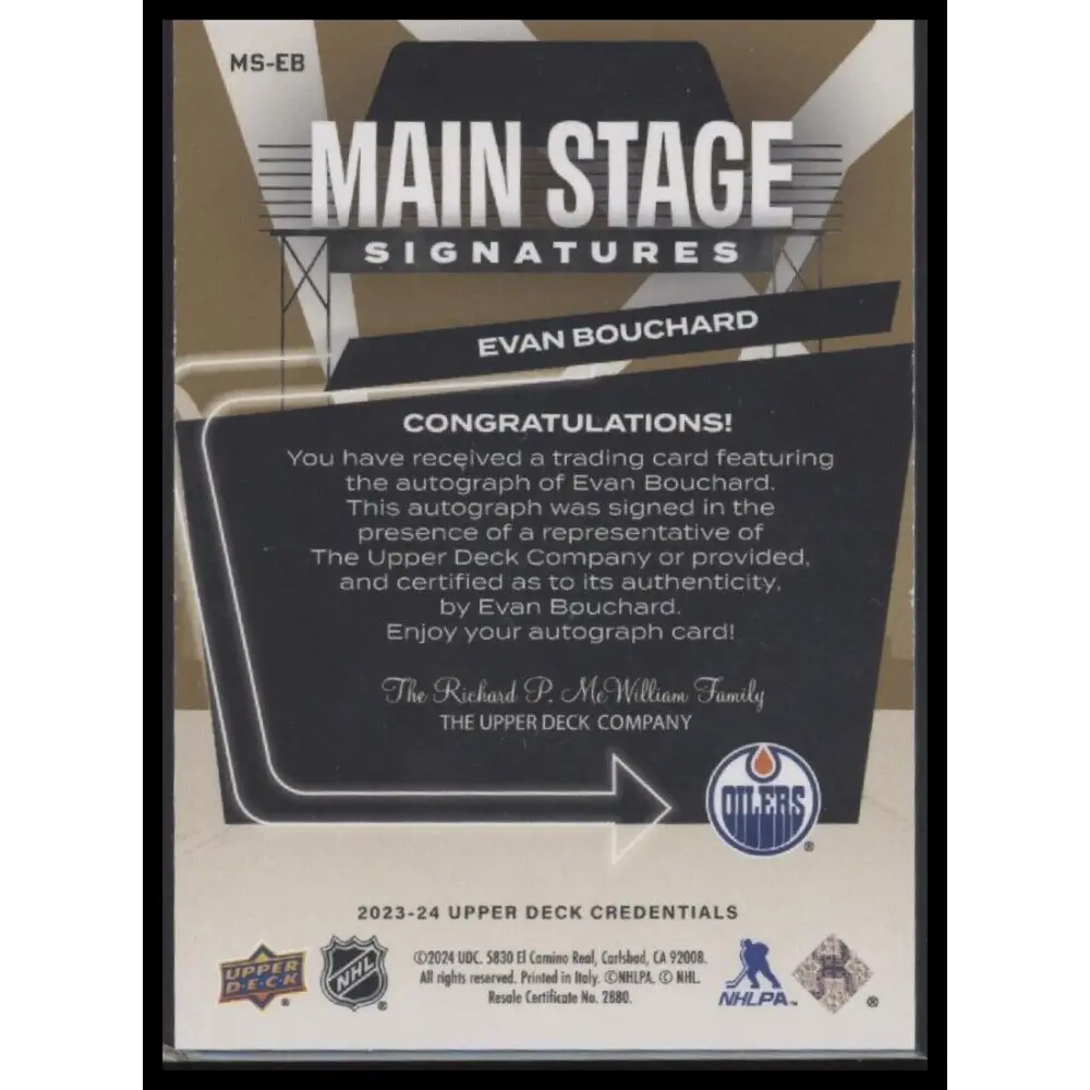 2023-24 U.D. Credentials #MS-EB Evan Bouchard Main Stage Signatures Gold #/25