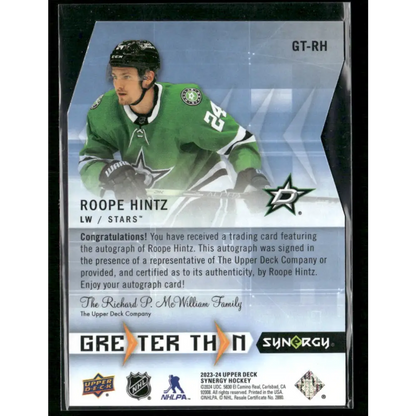 2023-24 Upper Deck Synergy #GT-RH Roope Hintz Greater Than Signatures