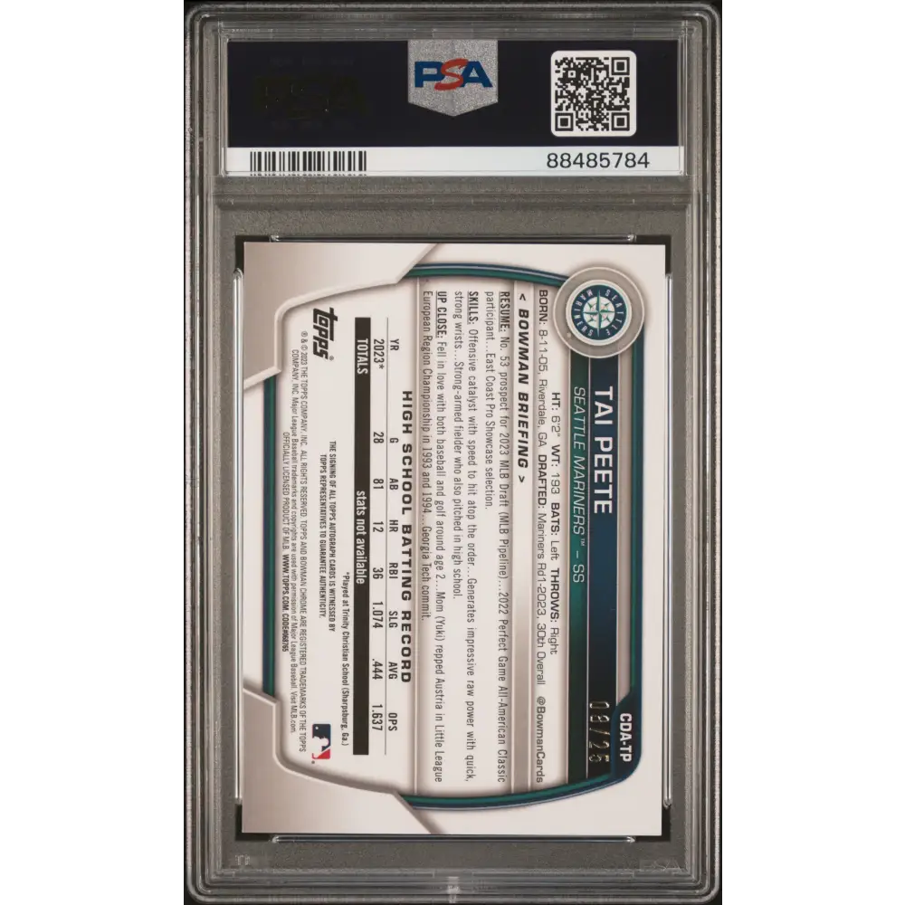 2023 Bowman Draft Auto Tai Peete Chrome Prospect PSA 9 /25