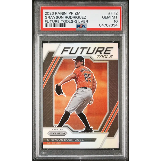 2023 PANINI PRIZM FUTURE TOOLS GRAYSON RODRIGUEZ FUTURE TOOLS-SILVER PRIZM #FT2 - PSA 10 ROOKIE CARD - Graded Sports