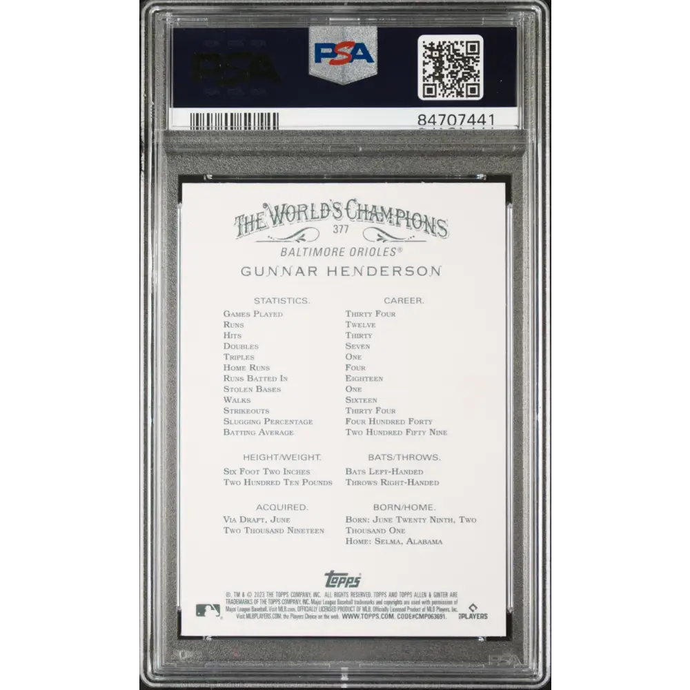2023 TOPPS ALLEN & GINTER GUNNAR HENDERSON #377 - PSA 10 - Graded Sports Cards PSA 10