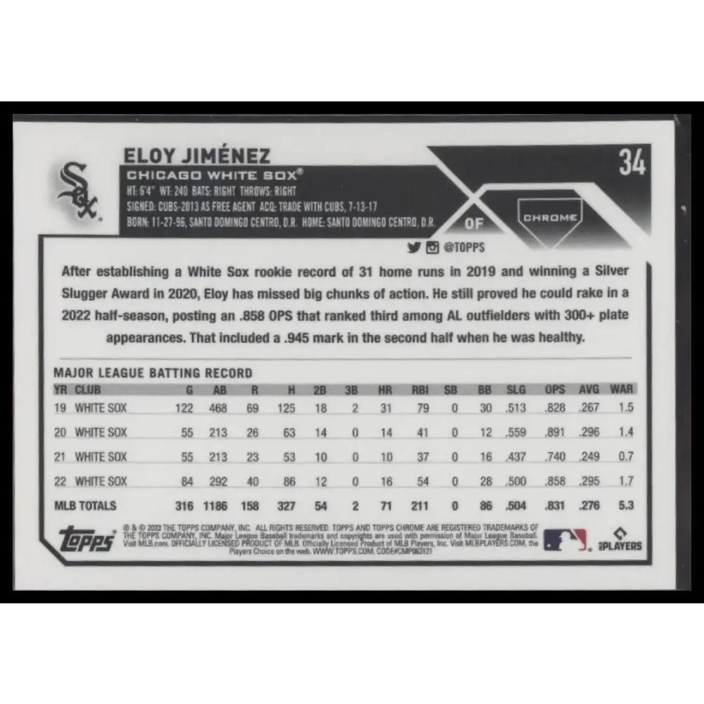 2023 Topps Chrome #34 Eloy Jiménez Blue Sonar Refractor #/125