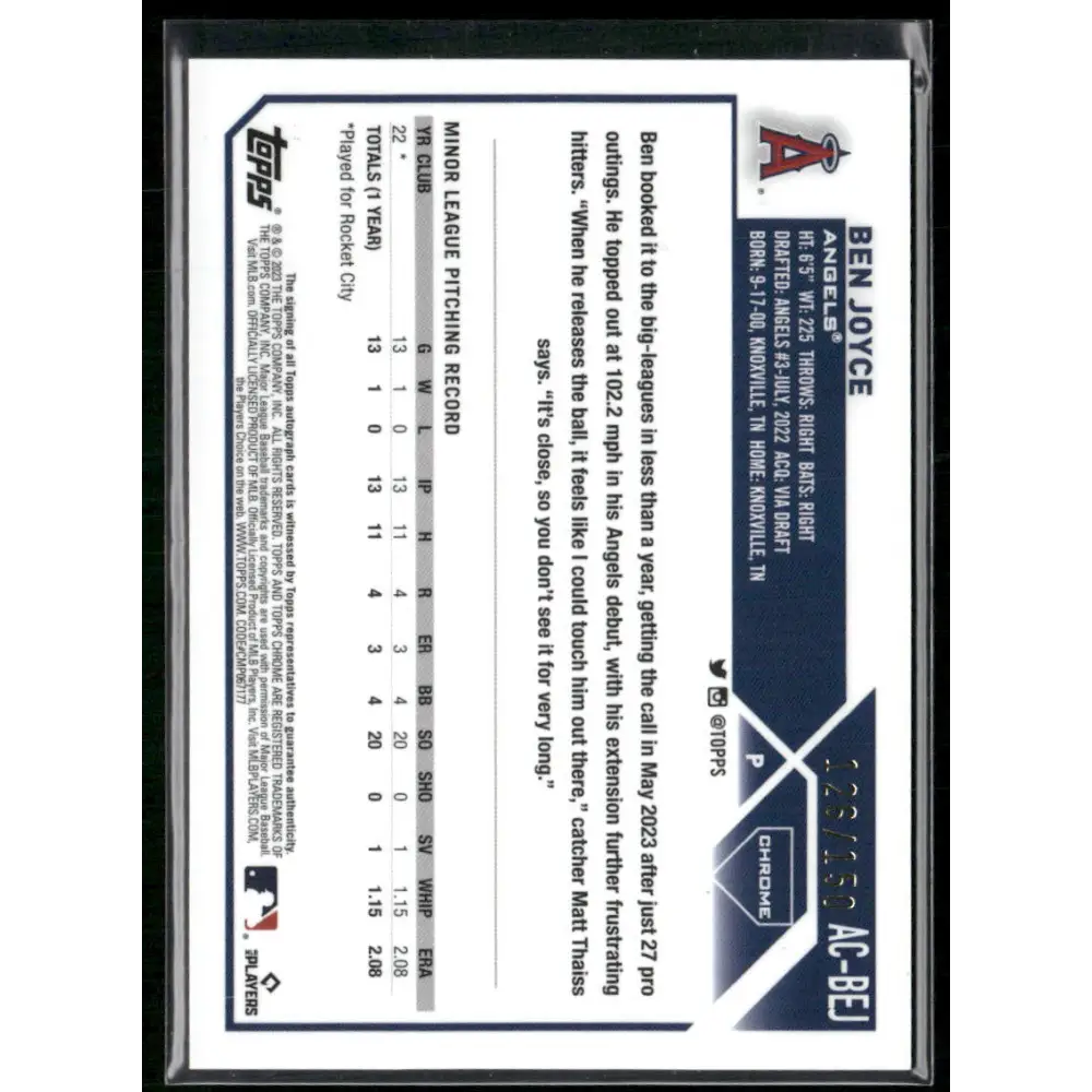 2023 Topps Chrome Update #AC-BEJ Ben Joyce Autographs Blue #/150
