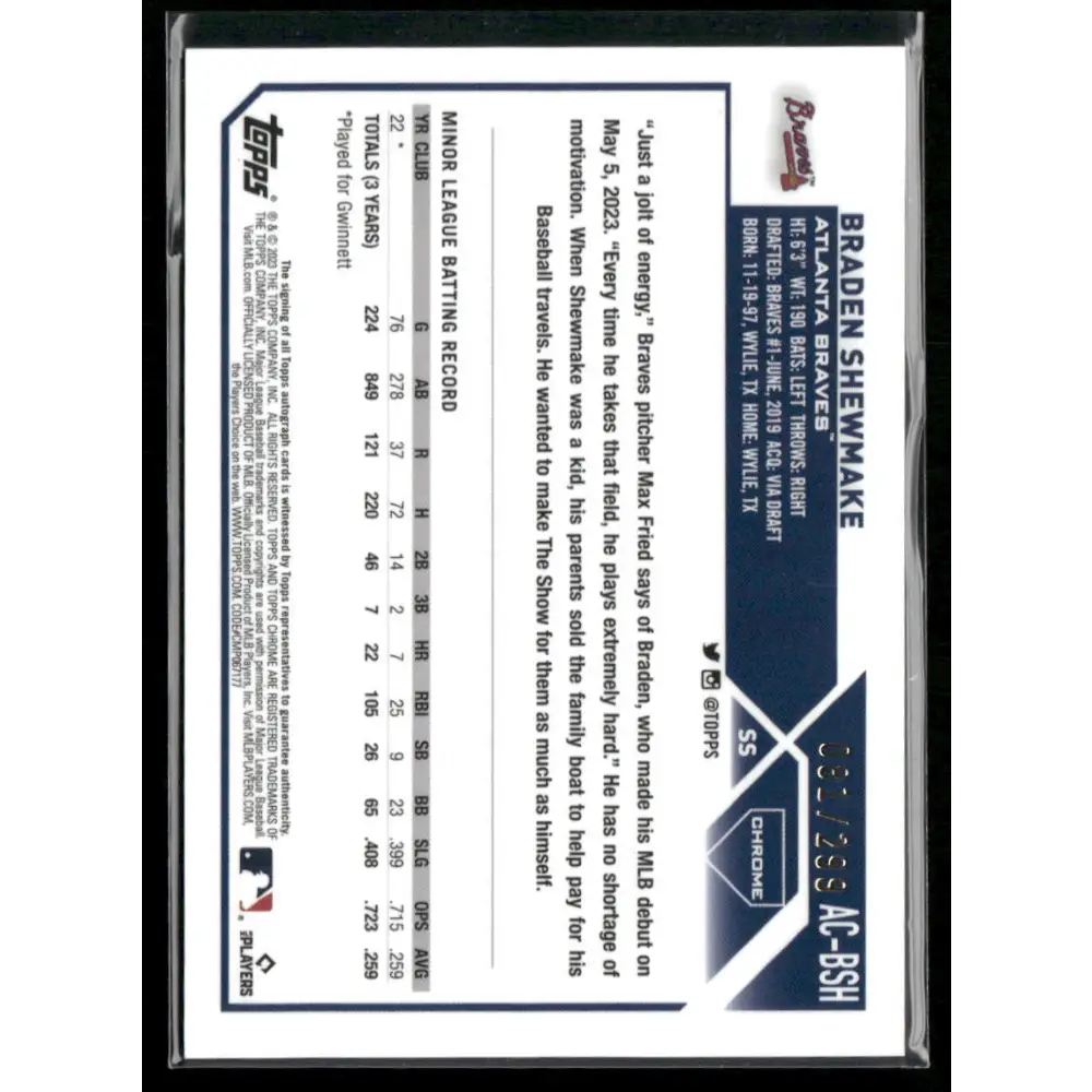 2023 Topps Chrome Update #AC-BSH Braden Shewmake Autographs Purple Speckle #/299