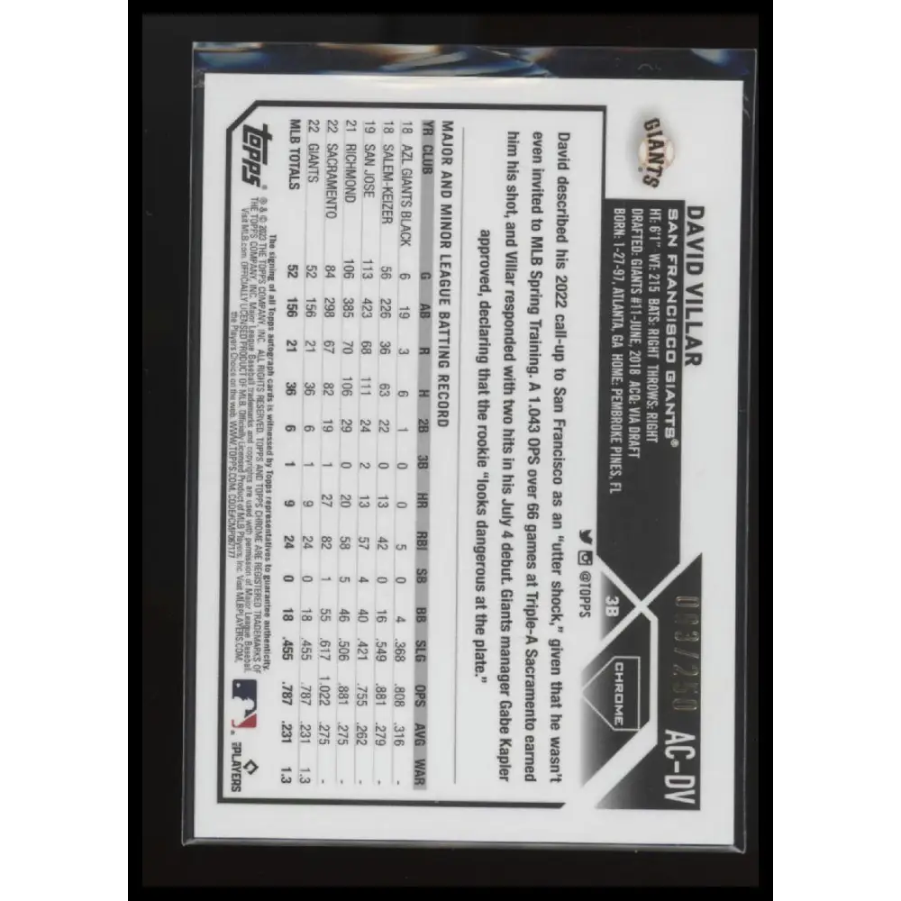 2023 Topps Chrome Update #AC-DV David Villar Autographs Purple #/250