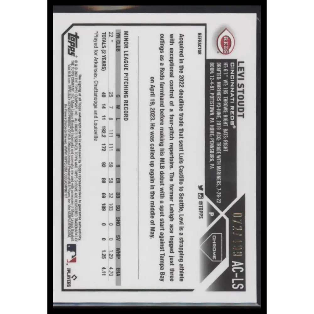 2023 Topps Chrome Update #AC-LS Levi Stoudt Autographs Refractor #/499
