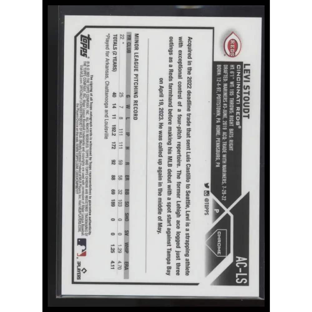 2023 Topps Chrome Update #AC-LS Levi Stoudt Autographs Refractor #/499