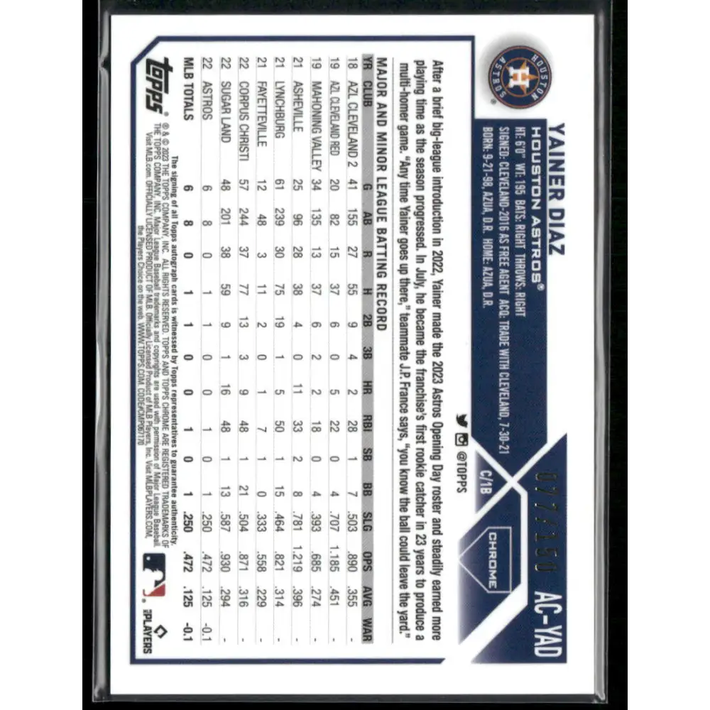 2023 Topps Chrome Update #AC-YAD Yainer Diaz Autographs Blue #/150