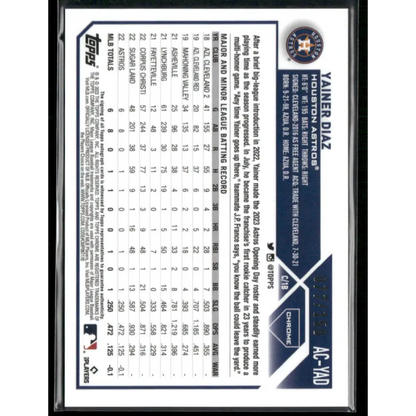 2023 Topps Chrome Update #AC-YAD Yainer Diaz Autographs Blue #/150