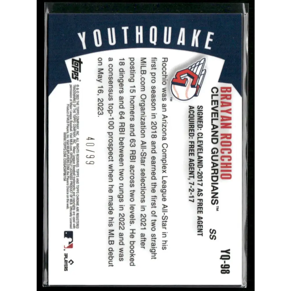 2023 Topps Chrome Update #YQ-98 Brayan Rocchio Youthquake Green Refractor #/99