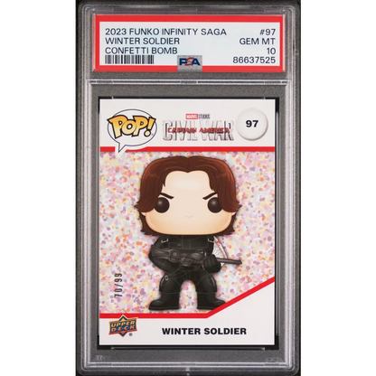 2023 UPPER DECK FUNKO POP MARVEL WINTER SOLDIER CONFETTI BOMB #97 PSA 10 - Graded Funko Card 10