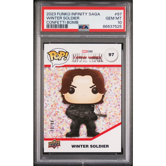 2023 UPPER DECK FUNKO POP MARVEL WINTER SOLDIER CONFETTI BOMB #97 PSA 10 - Graded Funko Card 10