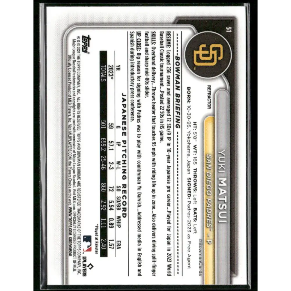 2024 Bowman Chrome #51 Yuki Matsui Refractors #/499