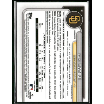 2024 Bowman Chrome #51 Yuki Matsui Refractors #/499