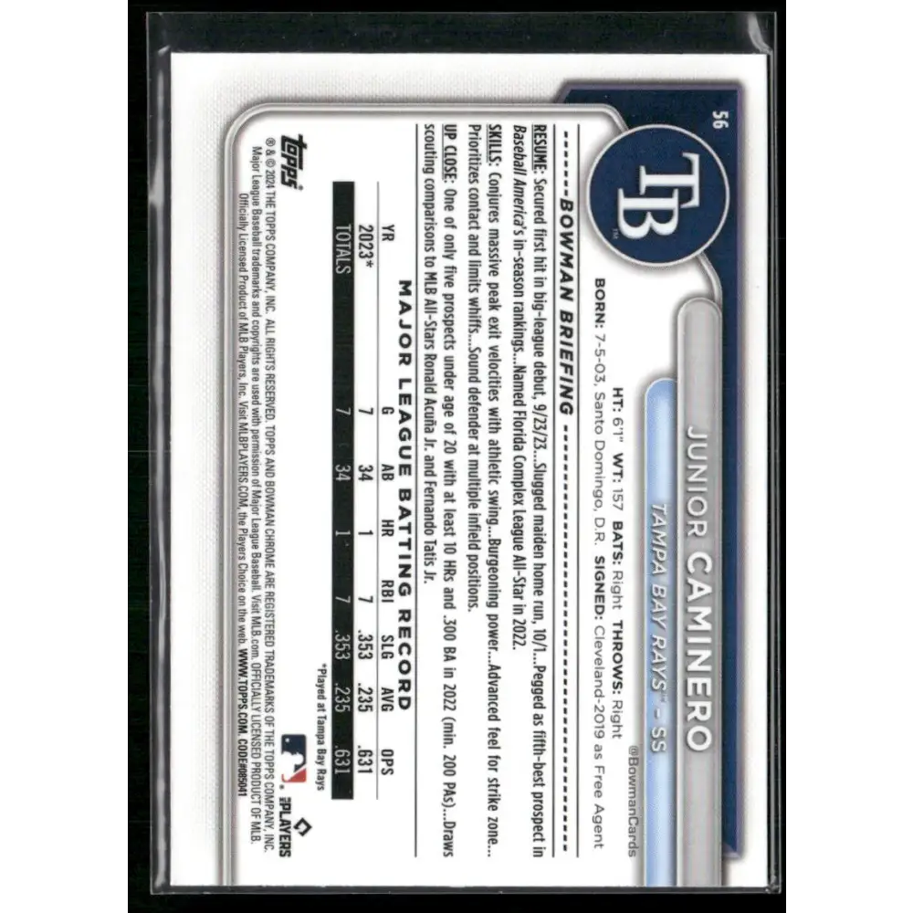 2024 Bowman Chrome #56 Junior Caminero Fuchsia Refractors #/299