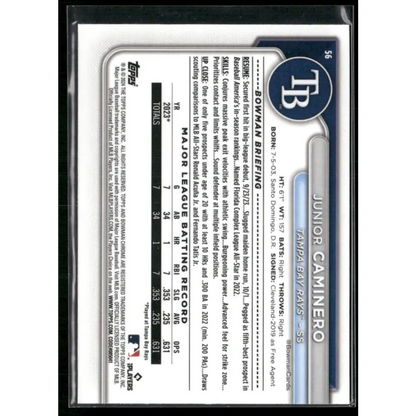 2024 Bowman Chrome #56 Junior Caminero Fuchsia Refractors #/299