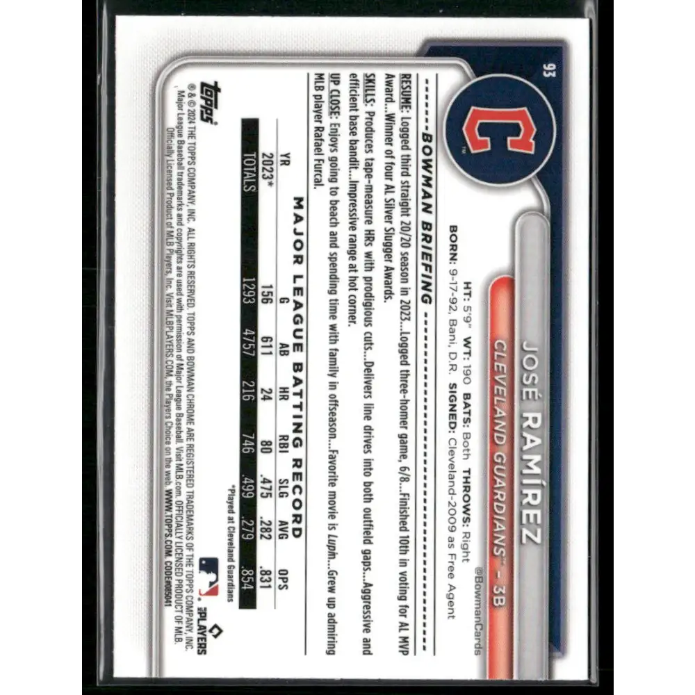 2024 Bowman Chrome #93 José Ramírez Aqua Raywave Refractors #/199