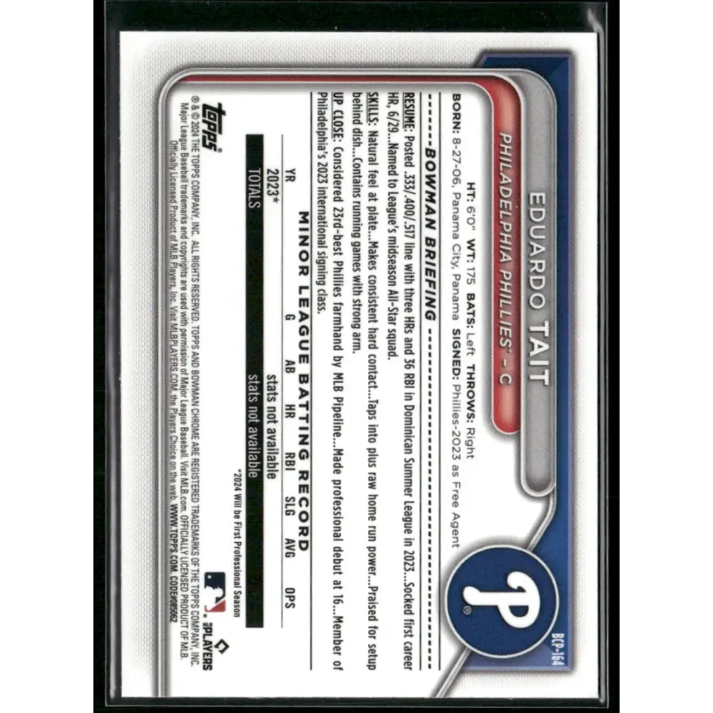 2024 Bowman Chrome #BCP-164 Eduardo Tait Prospects Aqua Refractors #/125