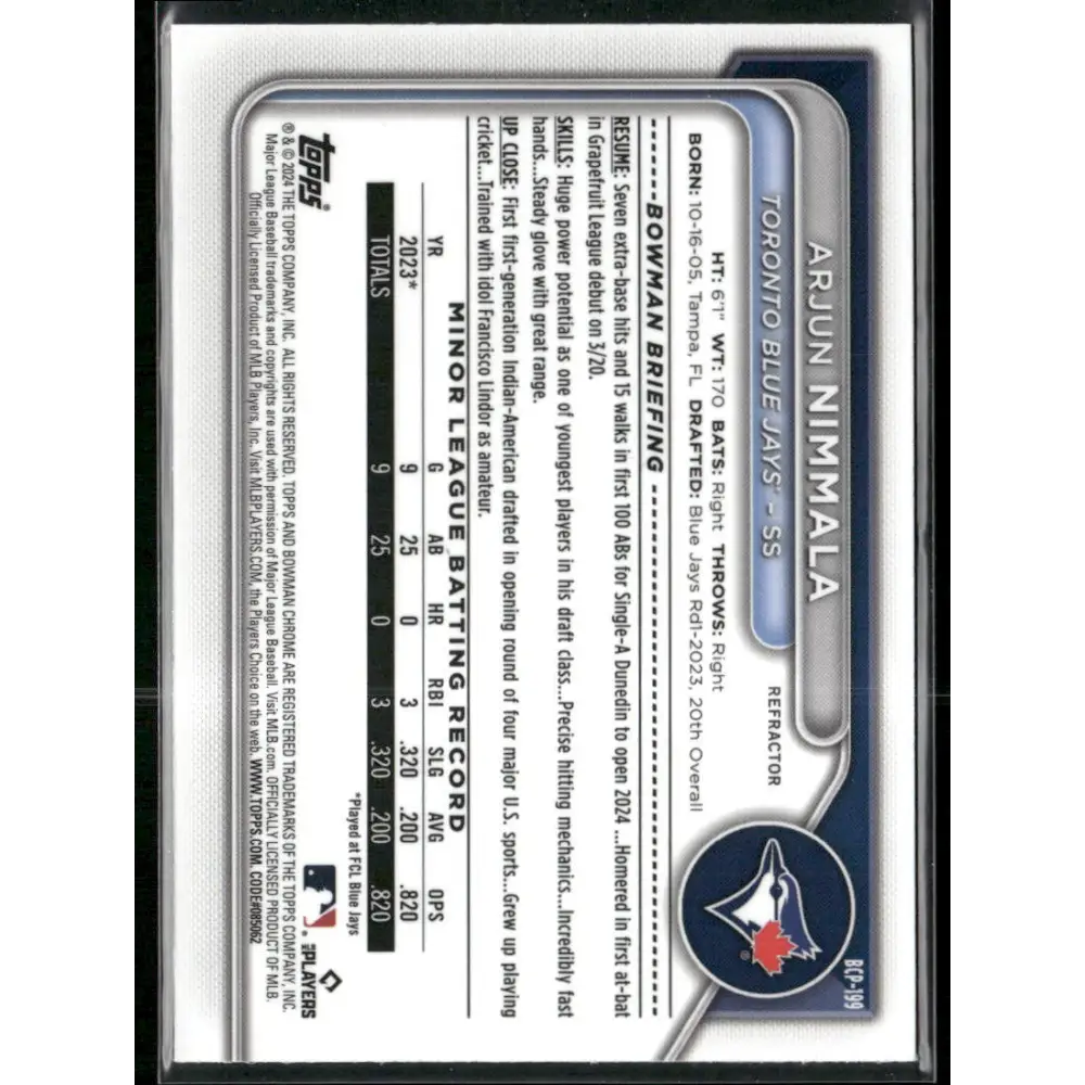 2024 Bowman Chrome #BCP-199 Arjun Nimmala Prospects Refractors #/499