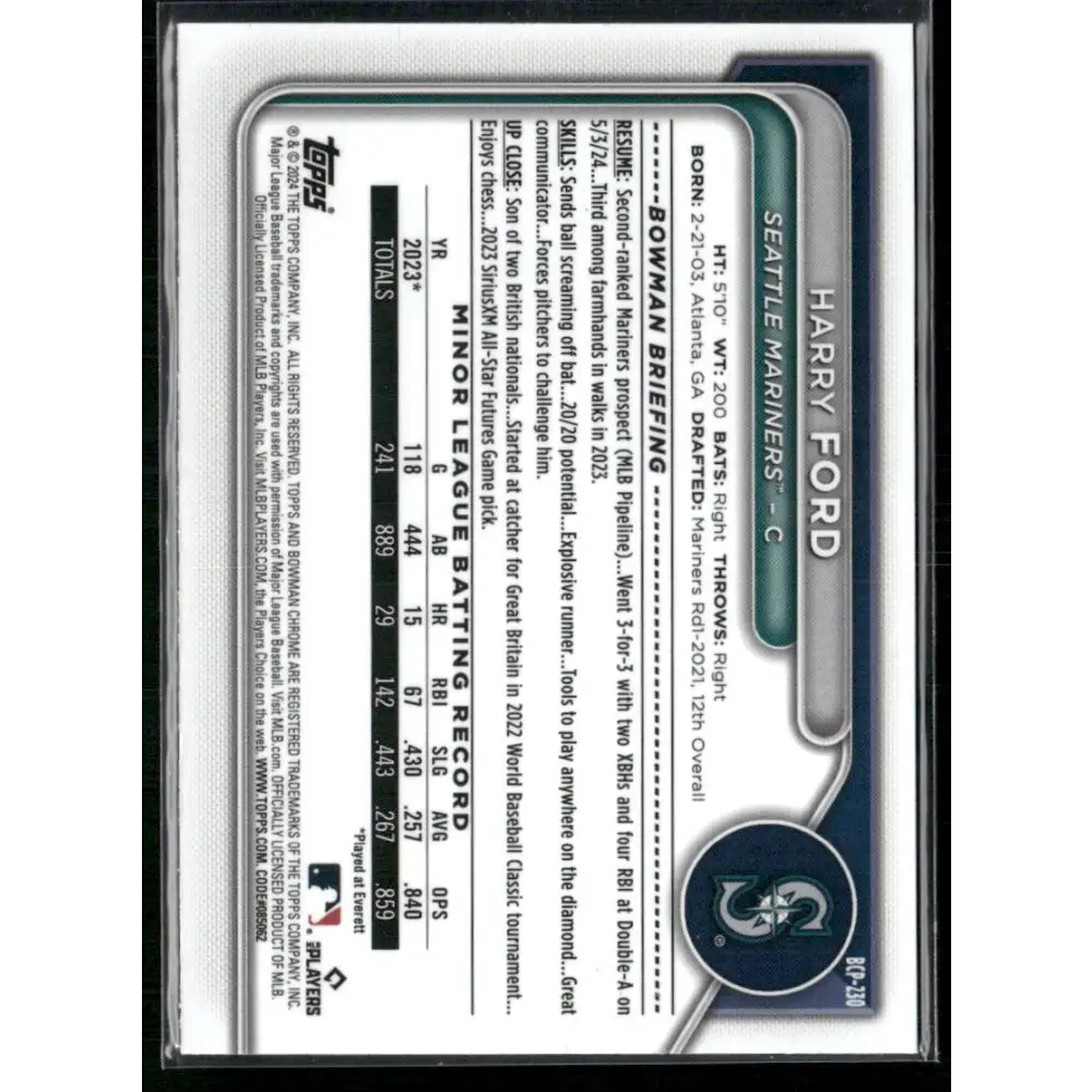2024 Bowman Chrome #BCP-230 Harry Ford Prospects Purple Refractors #/250
