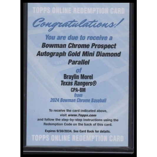2024 Bowman Chrome Braylin Morel Gold Mini Diamond Refractor Auto /50 Rangers