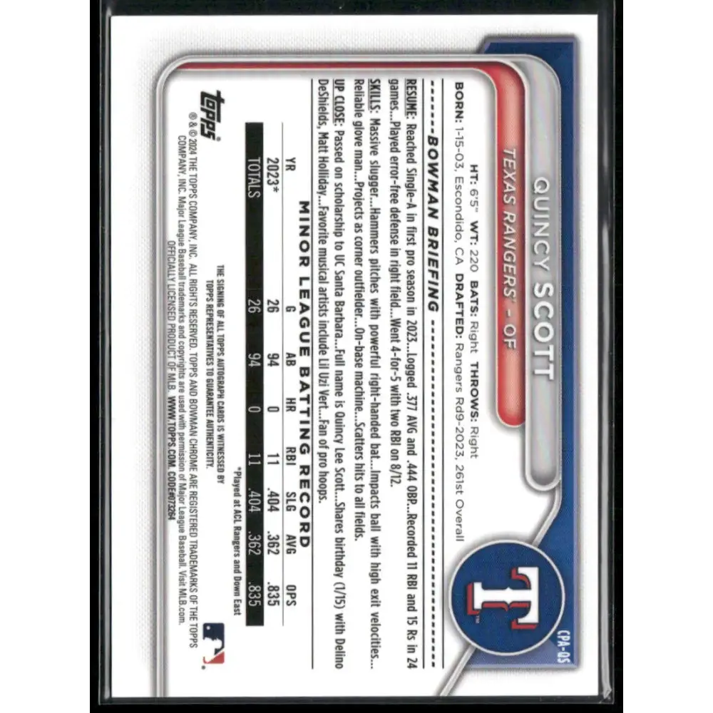 2024 Bowman Chrome #CPA-QS Quincy Scott Prospects Autographs