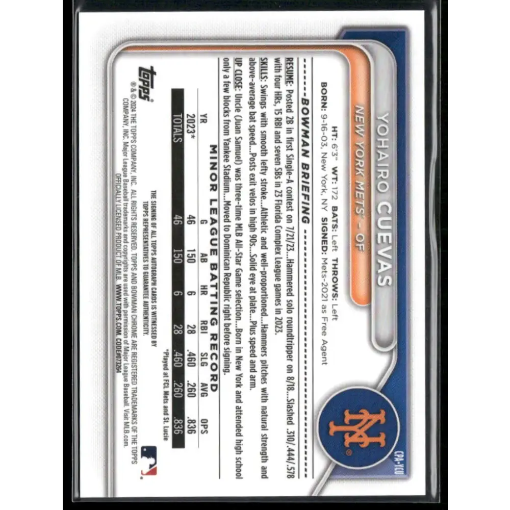 2024 Bowman Chrome #CPA-YCU Yohairo Cuevas Prospects Autographs