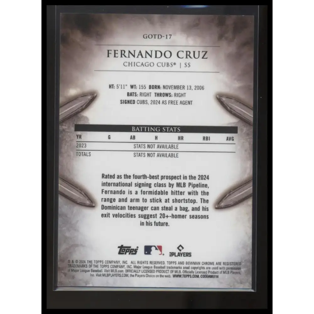 2024 Bowman Chrome Fernando Cruz Gladiators of the Diamond Gold Refractors #/150