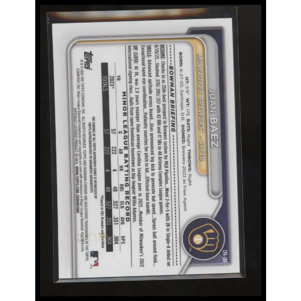 2024 Bowman Chrome Juan Baez Prospects Autographs Speckle Refractors #/299