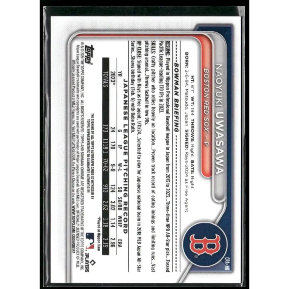 2024 Bowman Chrome Naoyuki Uwasawa Prospects Autographs Purple Refractors #/250