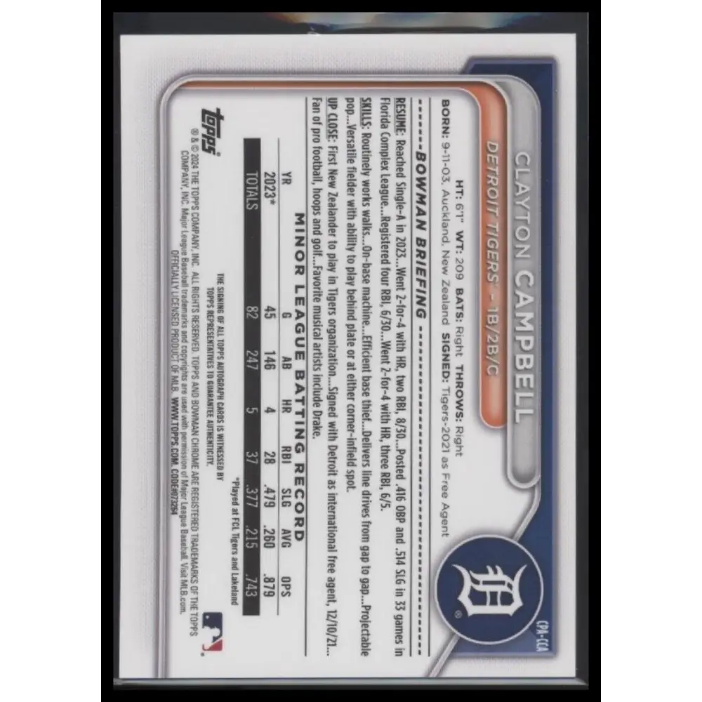 2024 Bowman Clayton Campbell Prospects Autographs Diamond Refractors #/100