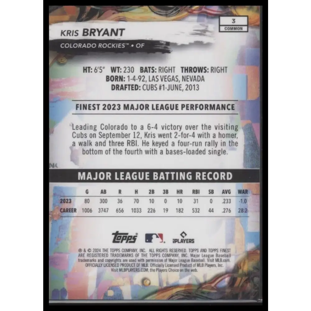 2024 Finest #3 Kris Bryant Purple Checkerboard Refractor #/150