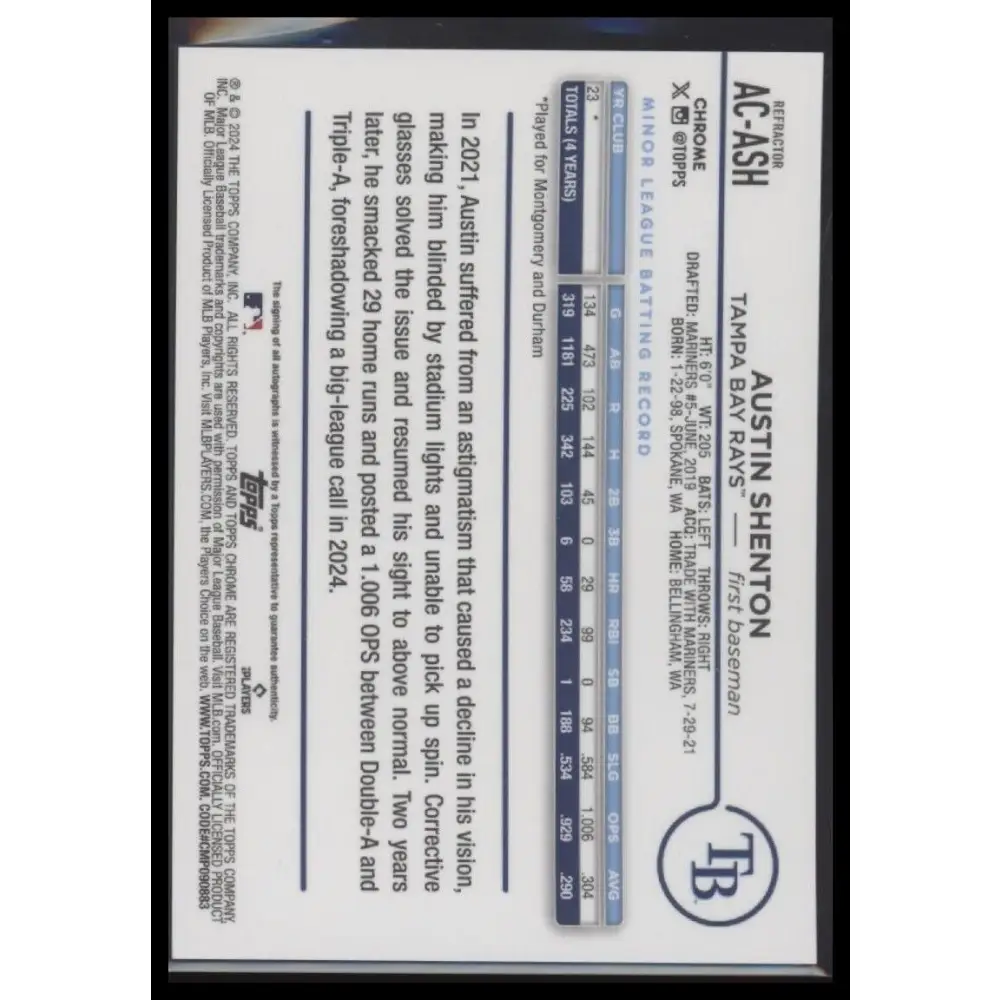 2024 Topps Chrome Update #AC-ASH Austin Shenton Autographs Refractors #/499