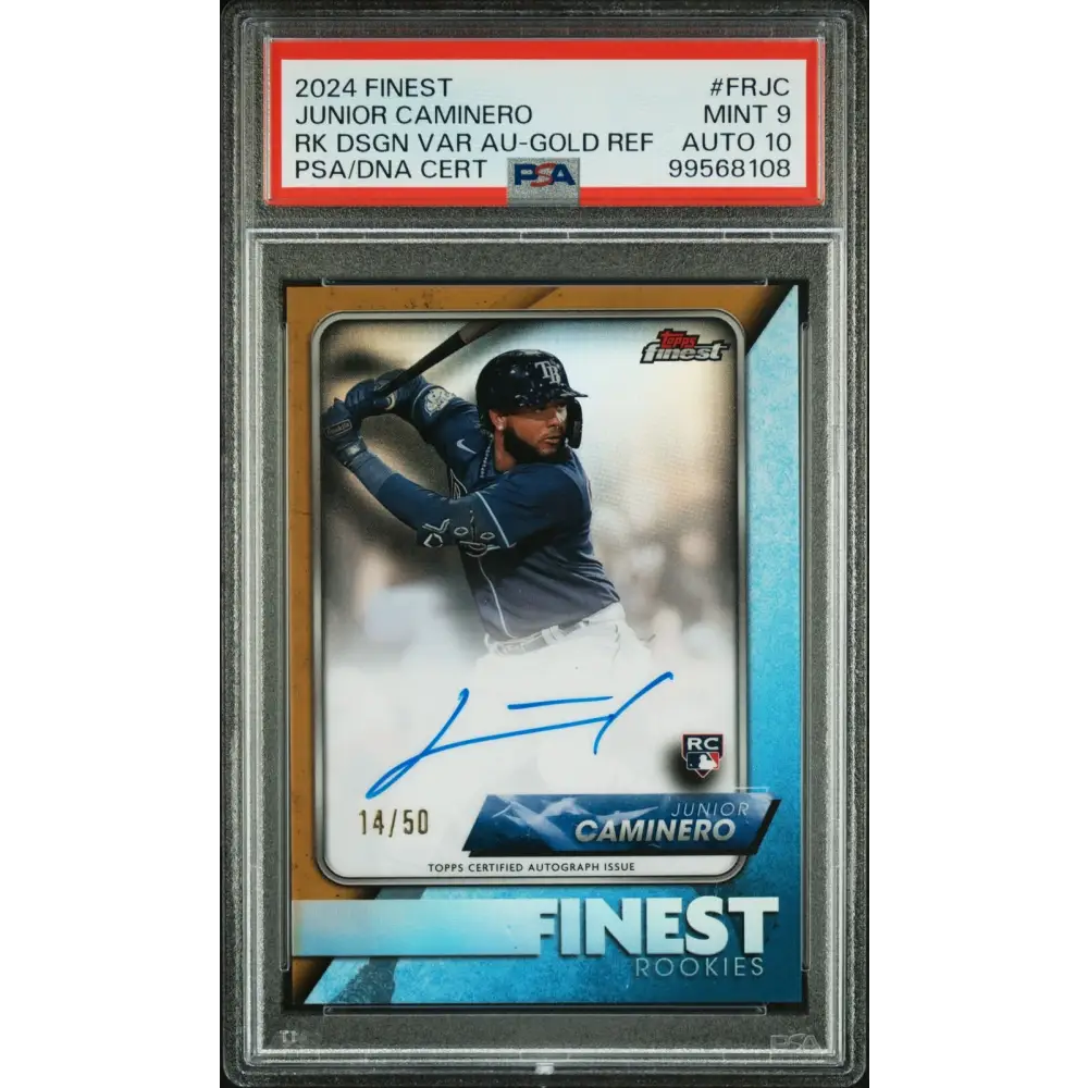 2024 Topps Finest Rookie Auto Junior Caminero Rk Dsgn Var Au-Gold Ref PSA 9