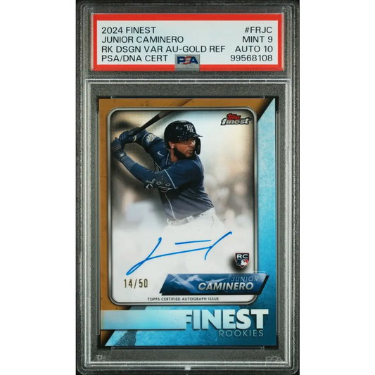 2024 Topps Finest Rookie Auto Junior Caminero Rk Dsgn Var Au-Gold Ref PSA 9