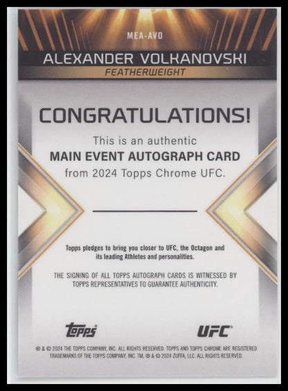 Alexander Volkanovski 2024 Topps Chrome UFC #MEA-AVO Main Event Autographs