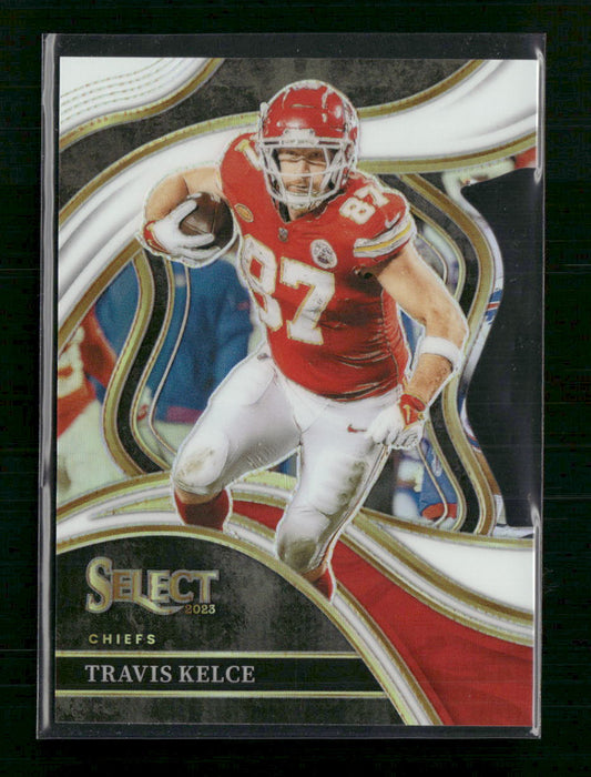 Travis Kelce 2023 Panini Select #215 Red and Blue Prizms Die Cuts