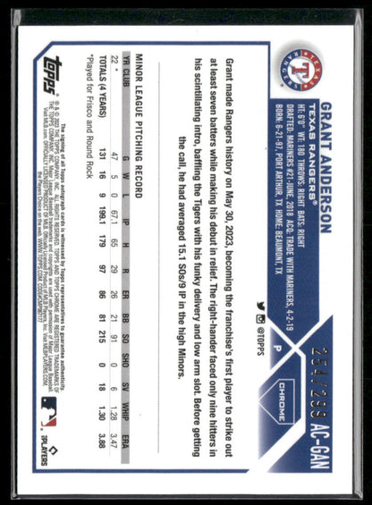 2023 Topps Chrome Update #AC-GAN Grant Anderson Autographs Purple Speckle #/299