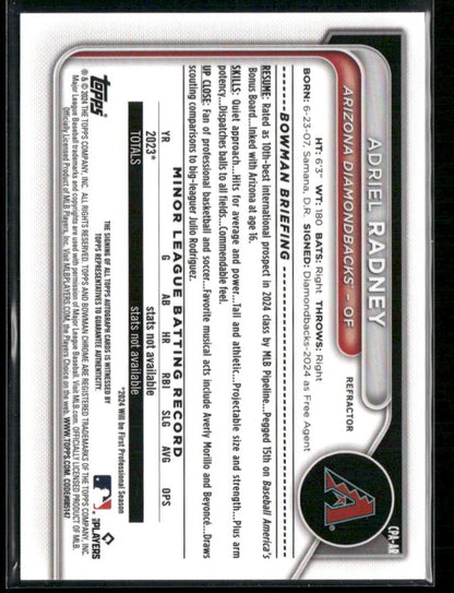 2024 Bowman Chrome #CPA-AR Adriel Radney Prospects Autographs Refractors #/499