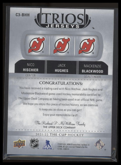 2021-22 Upper Deck The Cup Blackwood / Hischier / Hughes Cup Trios Jersey #/35