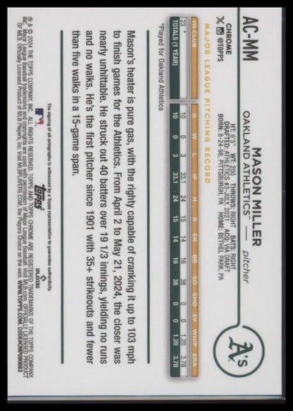 2024 Topps Chrome Update Mason Miller Autographs Purple Speckle Refractors #/299
