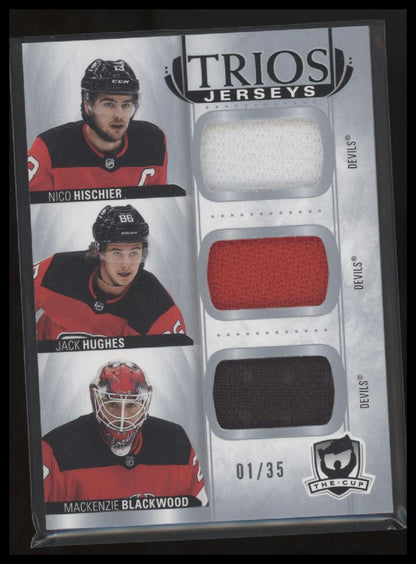 2021-22 Upper Deck The Cup Blackwood / Hischier / Hughes Cup Trios Jersey #/35