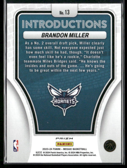2023-24 Panini Mosaic #13 Brandon Miller Introductions Mosaic