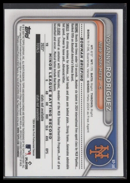 2024 Bowman Chrome Yovanny Rodriguez Chrome Prospects Gold Refractor #/50