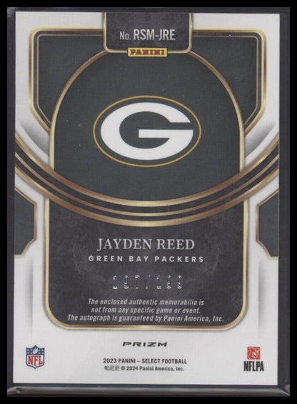 2023 Panini Select #RSM-JRE Jayden Reed Rookie Signature Memorabilia Prizm #/199