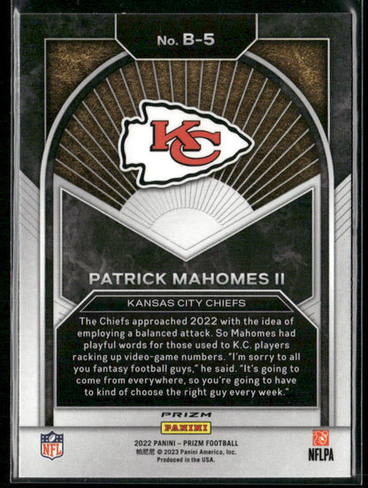 2022 Panini Prizm #B-5 Patrick Mahomes II Brilliance Prizms No Huddle