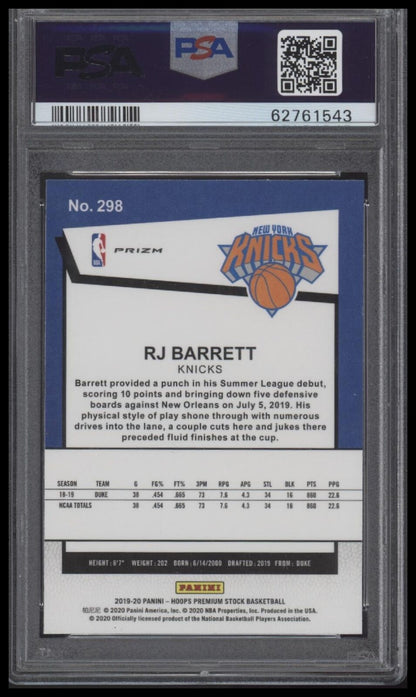 2019 Panini Hoops Premium Stock #298 Rj Barrett Silver Mojo PSA 9