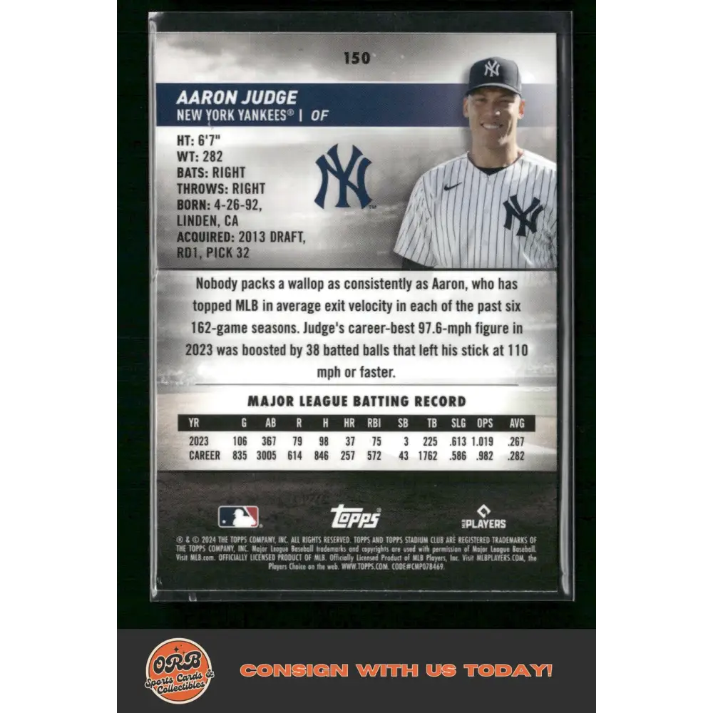 Aaron Judge 2024 Stadium Club #150 Chrome Orange Refractors #/99 - Trading Card