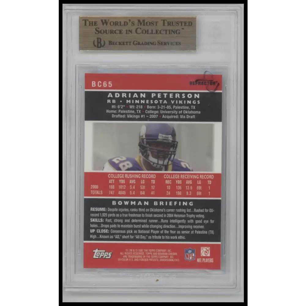 Adrian Peterson 2007 Bowman Chrome Refractors #65 BGS 9.5 - Graded Trading Card